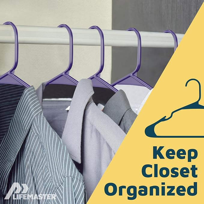 Lifemaster Plastic Clothes Hangers – Heavy Duty Hanger Set, for Organizing Clothes, Dresses, and Coat, Holds Up to 5 lbs, Space-Saving Hangers with Non-Slip Shoulder Grooves, Pack of 120, Purple - Image 5