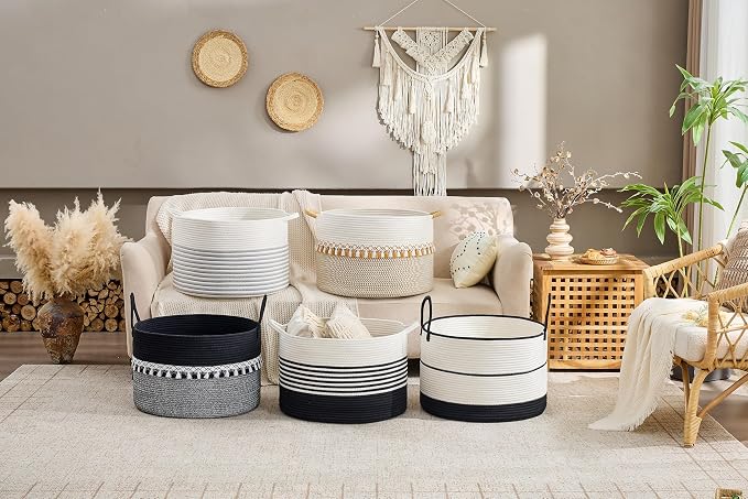 KAKAMAY Large Blanket Basket with Handles, Storage Basket for Living Room | Extra Large Capacity | Natural Cotton Rope | Blanket Storage | Woven Storage Basket | Stuffed Animal Storage | Laundry Basket - Image 7