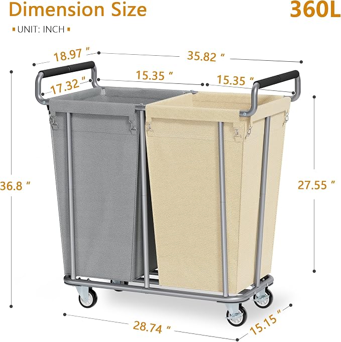 Gewudraw 2 Bag 360L Laundry Baskets with Wheels Heavy Duty | Big Rolling Hamper with Removable Bags, Heavy-Duty Steel Frame, Industrial Laundry Basket Organizer for Laundry Room - Image 7