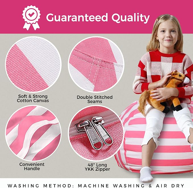 Aubliss Stuffed Animal Bean Bag Storage Chair, Beanbag Covers Only | for Organizing Plush Toys, Turns into Bean Bag Seat for Kids When Filled, Medium 32"-Canvas Stripes Pink/White - Image 5