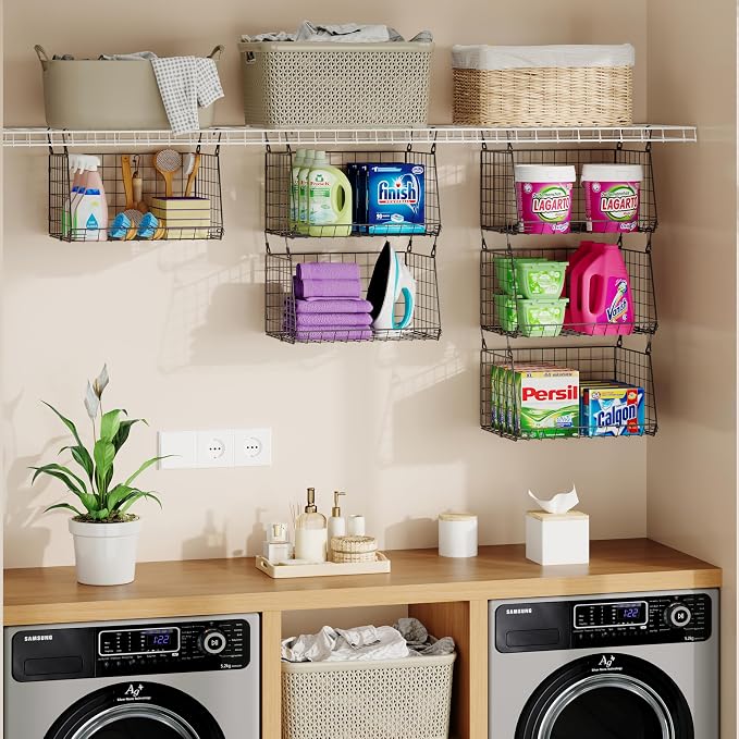 3-Pack Hanging Laundry Room Organizaton：Foldable Laundry Basket Wire Basket with 360°Rotating Hooks Small Space Organization Over Washer and Dryer Shelves - Hanging Closet Organizer, Black Patent - Image 2