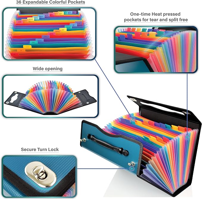 CNK Accordion File Organizer - 36 Pocket Teal Folder with Ergonomic Handle, Double Lock Buckles, Protects Documents, Durable Polypropylene, 8.5 x 11 in - Image 4