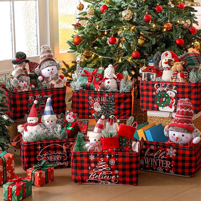CHENGU 6 Pack Christmas Storage Basket Collapsible Christmas Basket for Gifts Buffalo Plaid Holiday Decor Large Snowman Bin Foldable Xmas Tree Box with Handle for Bedroom Office Home - Image 2
