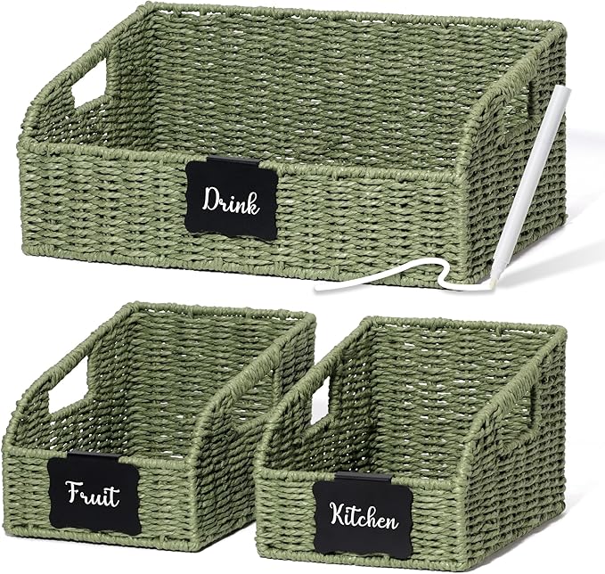 Pantry Organizers, Handwoven Large Wicker Baskets for Shelves, Labeled Storage Baskets for Organizing with Handles - Paper Storage Bins for Shelves, 3 Pack, Green by Unknown