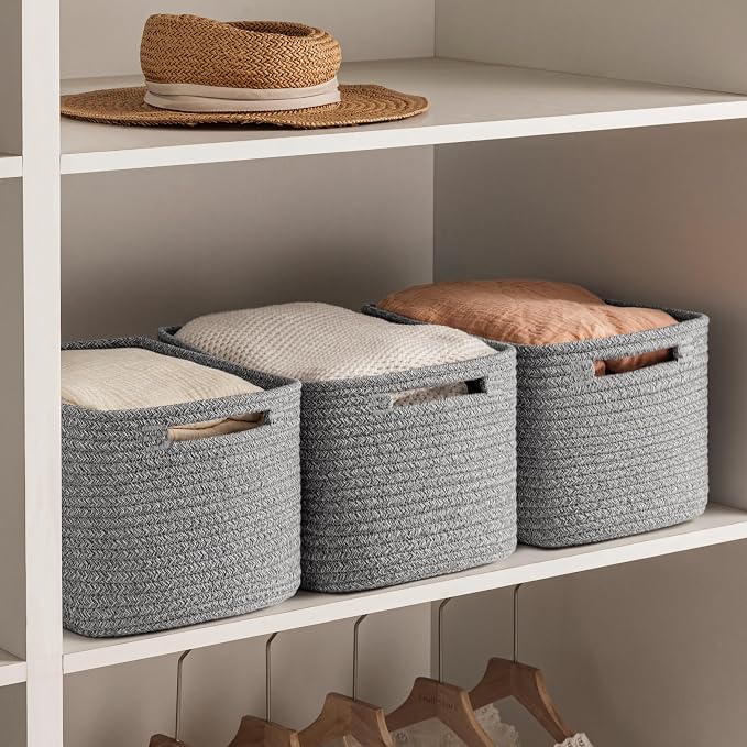 4 Pack Storage Baskets for Organizing, Woven Baskets for Shelves, Grey | 13"Lx9"Wx7.5"H, Woven Basket, Cotton Rope Basket, Toy Storage, Cube Shelf, Gift Baskets Empty, Home Decor - Image 3