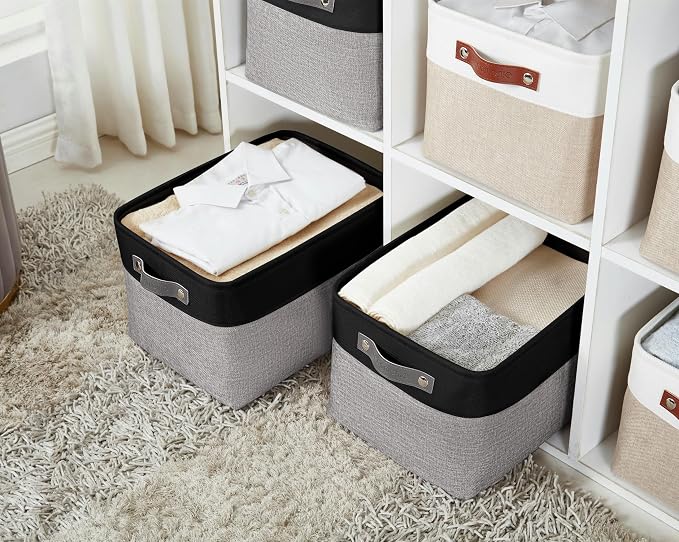 DECOMOMO Storage Bins, Large Fabric Storage Baskets for Shelves 3 Pack | 15 x 11 x 9.5 inches Decorative Linen Closet Organizers (Grey & Black) - Image 6