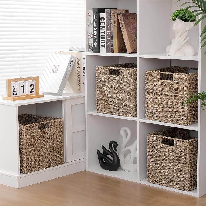 10.5 x 10.5in Seagrass Storage Baskets Set of 4, Cube Foldable Woven Storage Baskets for Shelves, Decorative Seagrass Shelf Basket - Image 6