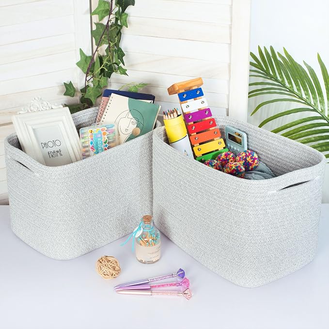 3-Pack Decorative Woven Storage Baskets for Shelves, Cube Bin Box for Organizing Books, Shoes, Dog Toys, Pantry Closet and Living Room Organizer, Light Gray Mix - Image 4
