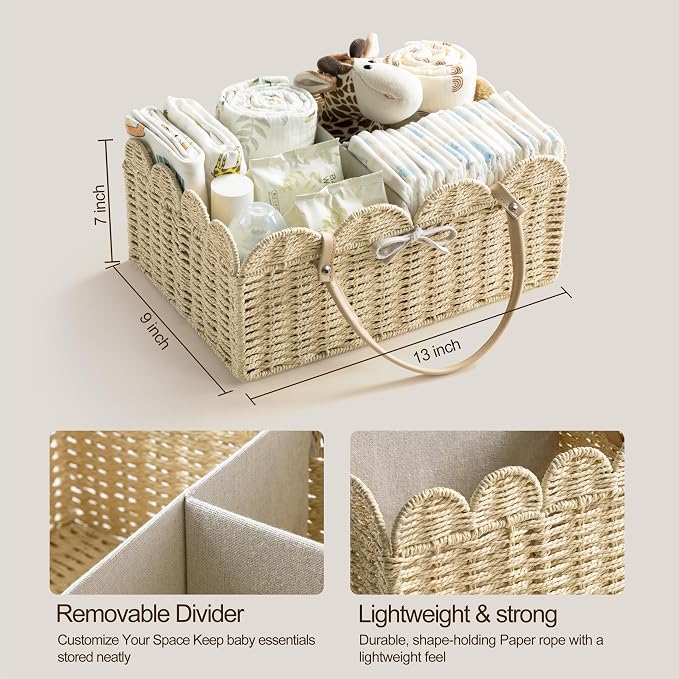 HBlife Baby Diaper Caddy, Paper Rope Storage Baskets Nursery Bin with Removable Divider, Portable Car Organizer for Diapers, Baby Shower Gifts, Newborn Essentials Must Haves - Image 5