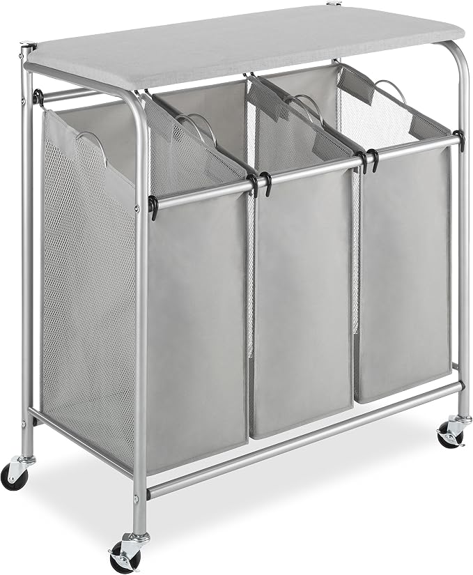 Whitmor 3 Section Rolling Laundry Sorter with Folding Station - Ironing Board, Chrome / Gray by Whitmor