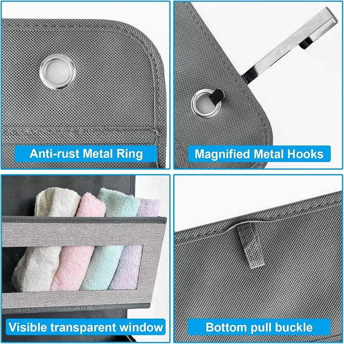 2 Pack Over the Door Hanging Organizer with 5 Large Pocket and Clear Window, Sturdy Over the Door Storage Organizer for Closet, Pantry, Bathroom,Bedroom, Nursery, Dorm (Grey) - Image 6