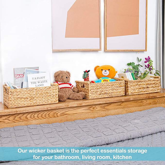 VATIMA Hyacinth Large Wicker Basket 15.5x10.8x6.2" | Rectangular, Wooden Handles, Shelf Organizer - Image 8