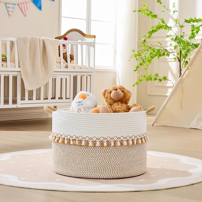 KAKAMAY Large Blanket Basket with Handles, Storage Basket for Living Room | Extra Large Capacity | Natural Cotton Rope | Blanket Storage | Woven Storage Basket | Stuffed Animal Storage | Laundry Basket - Image 5