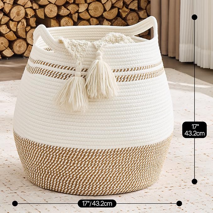 KAKAMAY Large Cotton Rope Woven Basket for Storage (17"x17"), Collapsible Laundry Hamper for Baby, Blanket Basket for Organizing Living Room, Nursery, Clothes, Toy Chest, Brown Stripes - Image 3