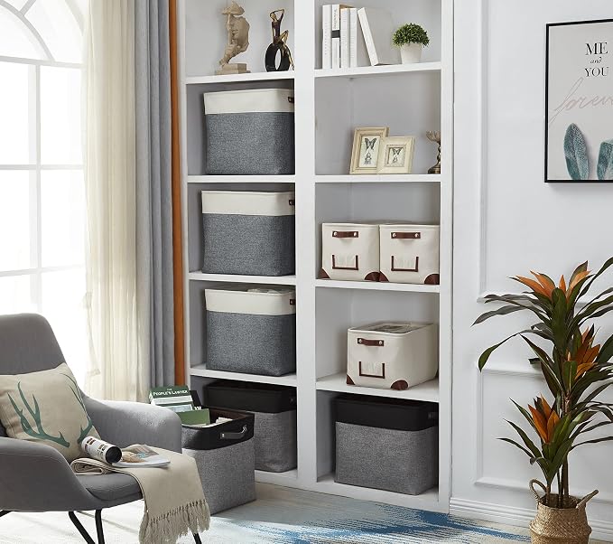 DECOMOMO Extra Large Storage Baskets, 54.5L Fabric Storage Bins 3 Pack | XXXL Storage Baskets for Shelves, Linen Closet Organizers (Slate Grey & White,17" x 13" x 15" ) - Image 2