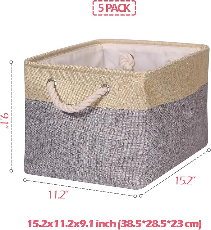 TENABORT 5 Pack Large Storage Basket Bin Foldable Storage Cube Box Canvas Fabric Collapsible Organizer with Handles for Closet Home Office Clothes Shelf Nursery, Grey Beige - Image 2