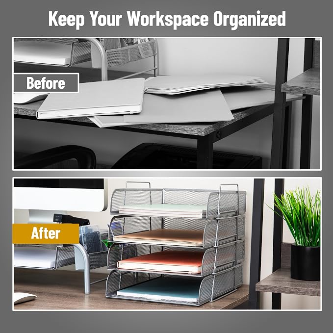 Mind Reader Stackable Paper Tray, Desktop Organizer, File Storage, Office, Metal Mesh, 10.5" L x 13.5" W x 11.25" H, 4 Pcs., Silver - Image 5
