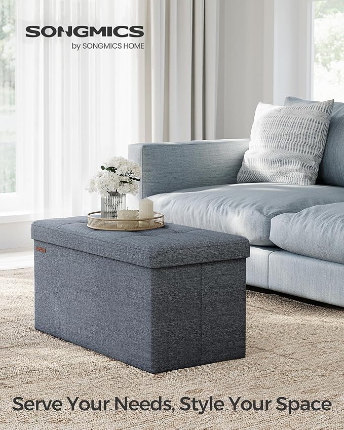 SONGMICS Mazie Collection - 30 Inches Folding Storage Ottoman Bench, Ottoman Foot Rest, End of Bed Bench, Storage Chest, Load 660 lb, for Living Room, Bedroom, Entryway, Misty Blue ULSF047Q01 - Image 3