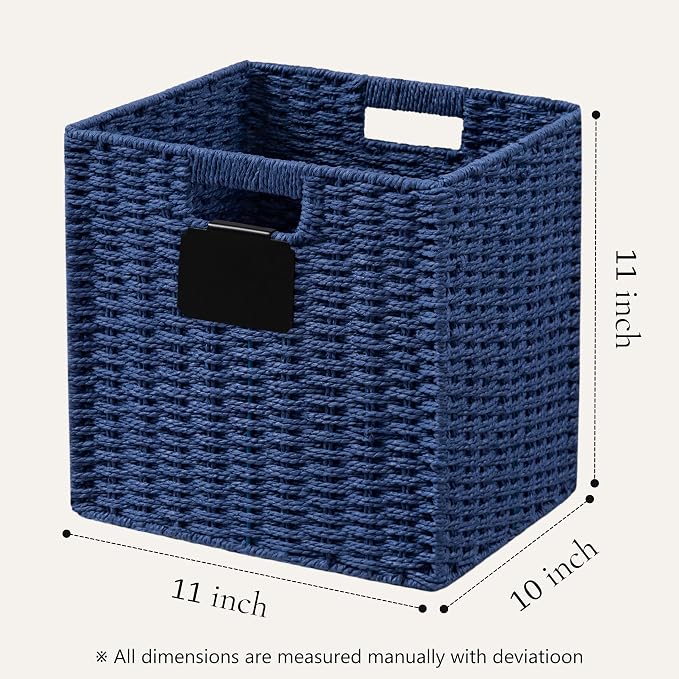 UBBCARE 4 Pack Wicker Basket, 10.5×10.5 Storage Cubes with Label, Foldable Cube Storage Bin with Handle, Square Storage Basket for Shelves, Woven Paper Rope Basket for Organizing, Blue - Image 2