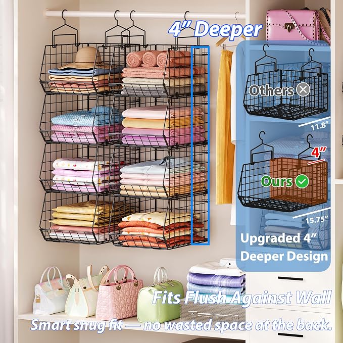 6-Tier Extended Depth Hanging Closet Organizers and Storage for Closet Organization, Stackable Hanging Shelves with Hooks for Clothes Sweaters Towels Purses, Fits Closet Shelves & Wire Metal Shelving - Image 5