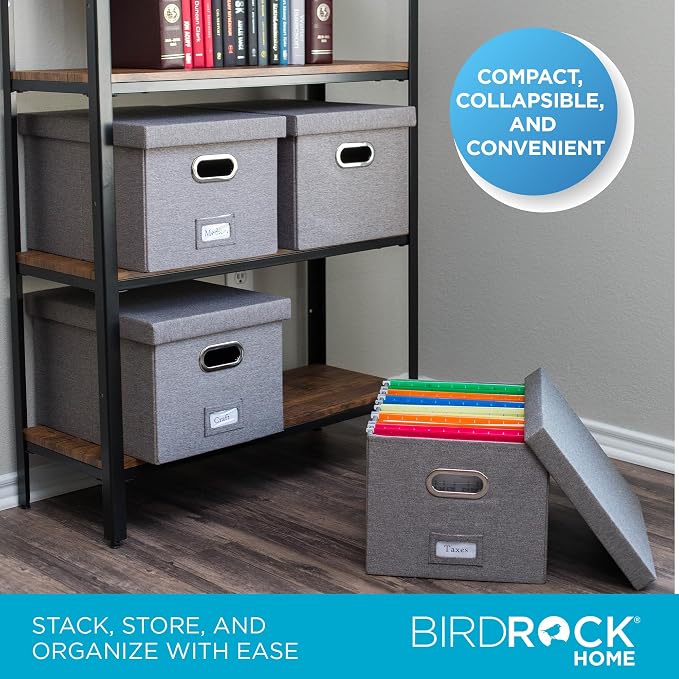 Internet's Best Collapsible File Storage Organizer with Lid - Decorative Linen Filing & Storage Office Box – Hanging Letter/Legal Folder – Home Office Bins Cabinet – Grey Container - 4 Pack - Image 4