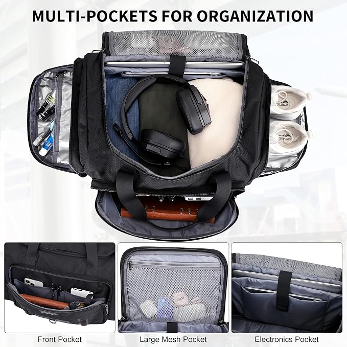 WITZMAN Duffle Bag for Men Large 49L Convertible Nylon Travel Sports Bag | With Shoe Compartment and Dry-wet Pocket, Fits 16" Laptop, Carry On, For Gym, Weekender, Overnight Trips, B719 Black - Image 3