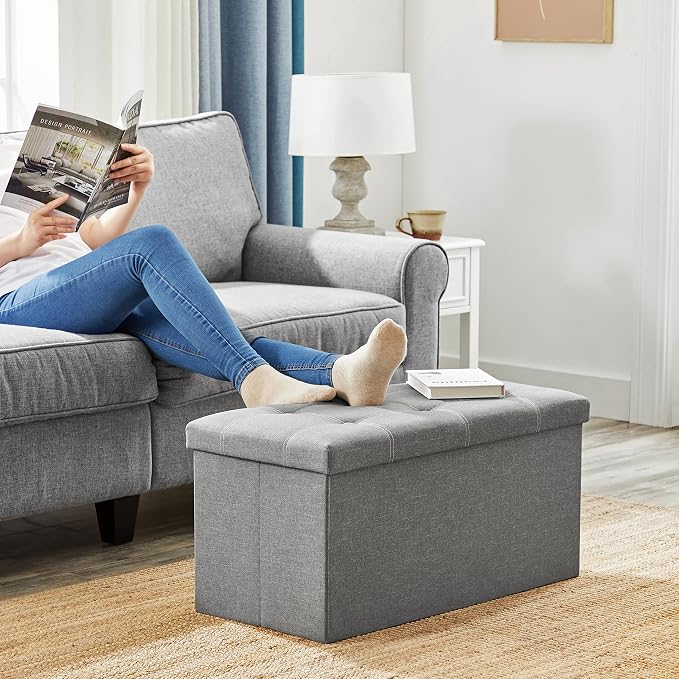SONGMICS MAZIE Collection - 30 Inches Ottoman Storage Bench, 21 Gal. Folding Chest with Breathable Linen-Look Fabric, Load up to 660 lb, for Entryway, Living Room, Bedroom, Light Gray ULSF001G02 - Image 5