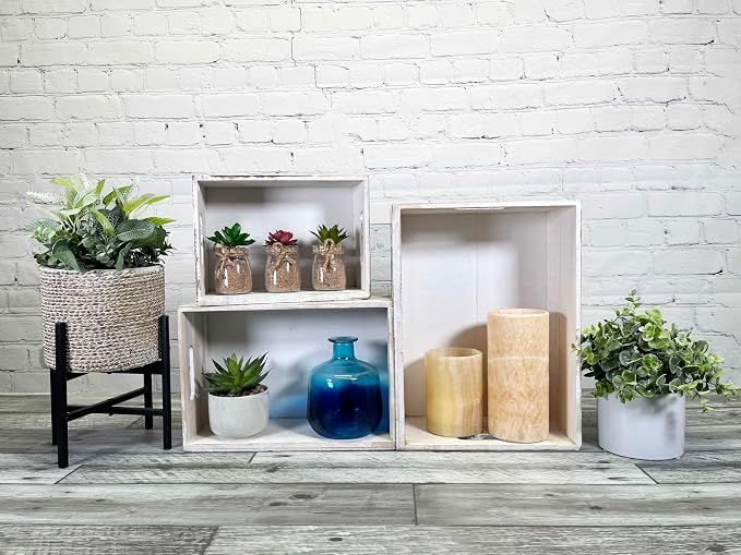 Admired By Nature Wooden Crates Storage Container, 3pc Farmhouse Style Decorative Baskets for Home Decor, Rustic Decor, Nesting Stackable Organizers, Distressed Wood Crates, Achromatic Barn Door White - Image 5