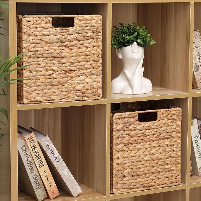 12 x 12 x 12in Water Hyacinth Storage Baskets, Wicker Storage Baskets for Shelves, Foldable Square Bins for IKEA Kallax Set of 3, Large Cubby Rattan Basket, Wicker Basket for Organizing - Image 5