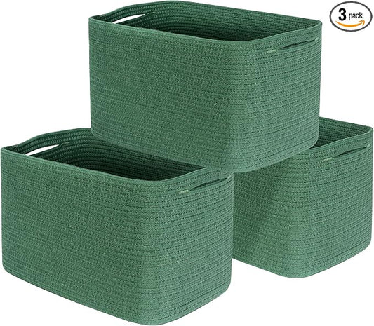 3-Pack Decorative Woven Storage Baskets for Shelves, Cube Bin Box for Organizing Books, Shoes, Dog Toys, Pantry Closet and Living Room Organizer, Forest Green by MINTWOODDesign