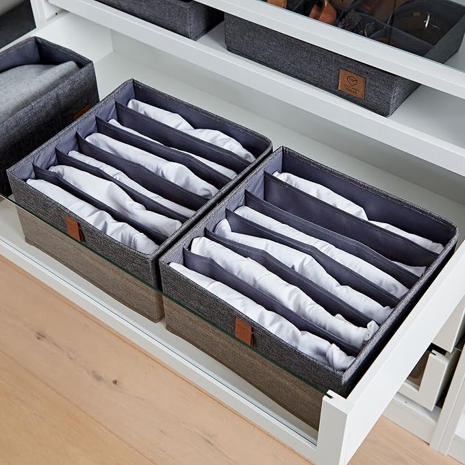LOVE IT STORE IT Premium Drawer Box 2-Piece - Wardrobe Organiser Made of Linen Fabric - Reinforced - 6 Compartments for Bras, Shirts, Trousers - Grey - 30 x 30 x 15 cm - Image 2