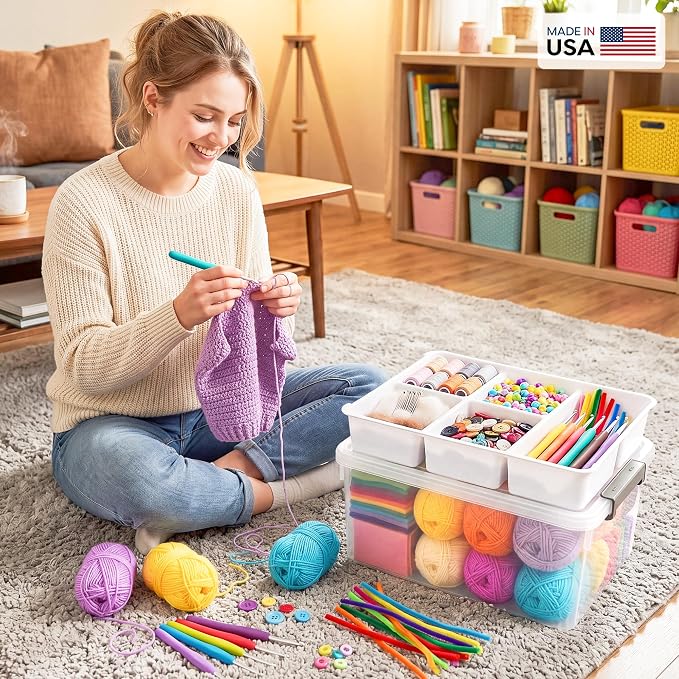 Citylife 17QT Clear Craft Organizers and Storage Box with Removable Tray | Stackable Art Supply Organizer Storage Bins with Lids for Beads, Markers, Sewing, Tools, Playdoh, Coloring Books, Made in USA - Image 3
