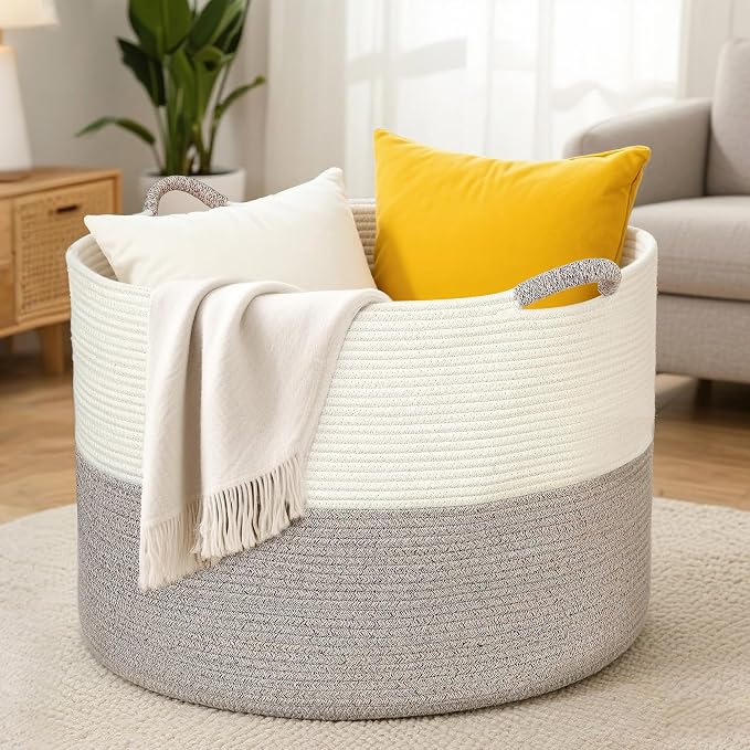 XXXXL 125L Extra Large Blanket Basket, 24.8" x 16" Jumbo Woven Basket (Includes 2 Cute Baskets), Cotton Rope Basket with Handle for Living Room, Baby Toys Nursery, Laundry, Home Decor (White/Brown) - Image 2