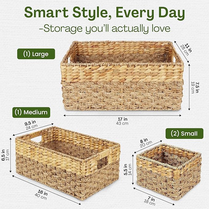Wicker Storage Basket for Shelves, Set of 4 | Natural Seagrass and Hyacinth, Nesting, Woven Storage Baskets for Organizing Living Room, Shelves, Pantry, Rectangle, Rattan - Image 3