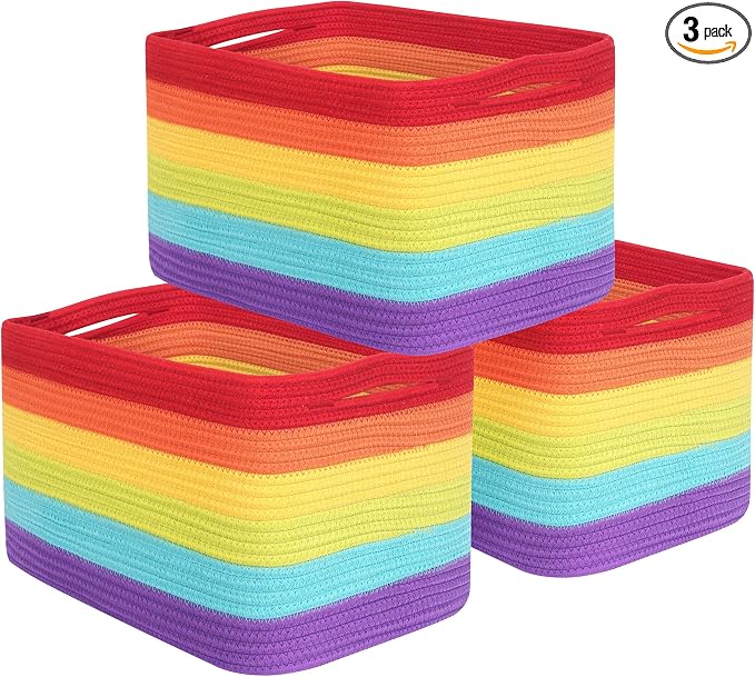 3-Pack Storage Baskets for Shelves, Playroom and Classroom, Book Basket, Decorative Storage Cube Bins, Woven Closet Organizers, Pantry and Shoe Organizer, Rainbow by MINTWOODDesign