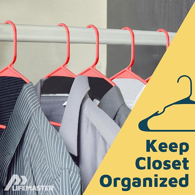 Lifemaster Plastic Clothes Hangers – Heavy Duty Hanger Set, for Organizing Clothes, Dresses, and Coat, Holds Up to 5 lbs, Space-Saving Hangers with Non-Slip Shoulder Grooves, Pack of 50, Red - Image 5
