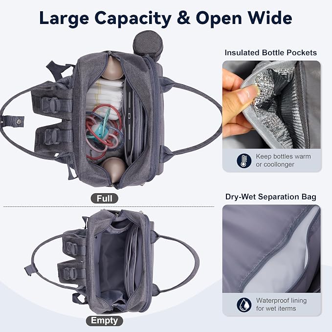 Multi-functional Diaper Bag with Insulated Pockets Gray | Allovely Diaper Bag Backpack, Large 22L Baby Bags for Boys Girls, Multi-functional Travel Diaper Backpack, Stroller Straps - Image 4
