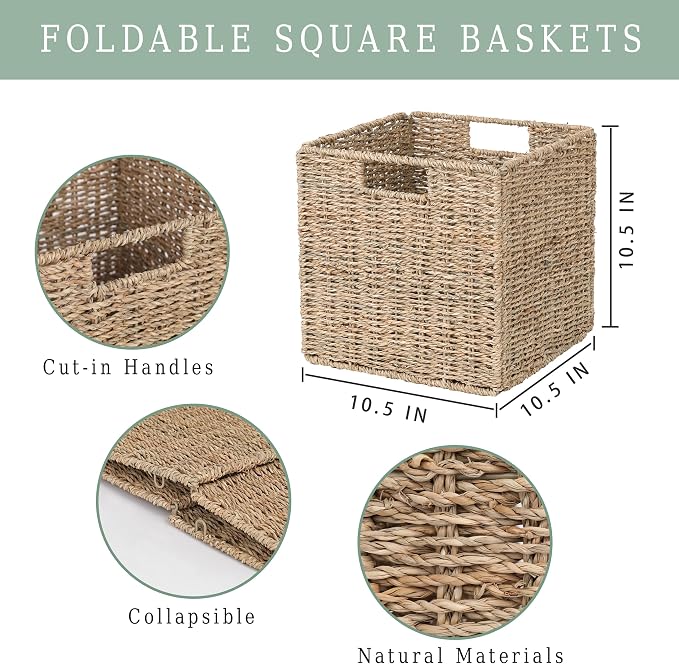 10.5 x 10.5in Cube Seagrass Storage Baskets, Foldable Square Wicker Storage Baskets for Shelves Set of 3, Large Cubby Rattan Basket, Collapsible Cube Storage Bins - Image 3