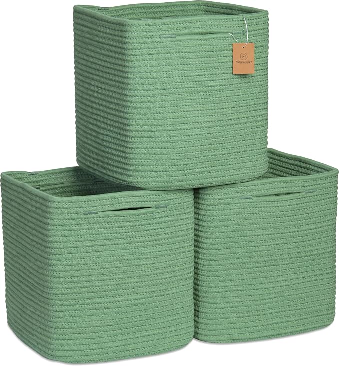 NaturalCozy Storage Cubes 11 Inch Cotton Rope Woven Baskets for Organizing, 3-Pack | Cube Storage Bin | Square Storage Baskets for Shelves Organizer, Classroom, Kids Toy Bins, Closet, Baby Nursery by NaturalCozy