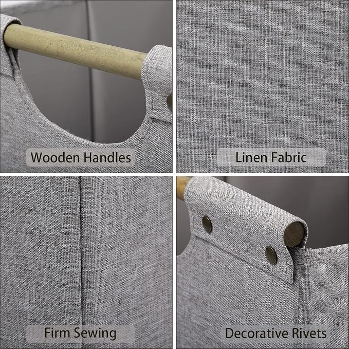HOONEX Collapsible Storage Bins, 13x13x13in Storage Cubes Linen Fabric, 3 Pack, Storage Baskets with Wooden Carry Handles and Sturdy Heavy Cardboard, for Home, Office, Car, Nursery, Light Grey - Image 5