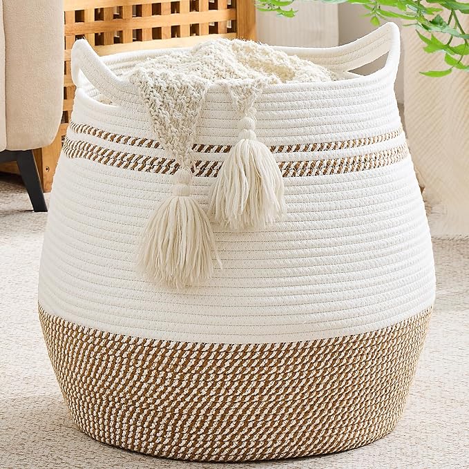 KAKAMAY Large Cotton Rope Woven Basket for Storage (17"x17"), Collapsible Laundry Hamper for Baby, Blanket Basket for Organizing Living Room, Nursery, Clothes, Toy Chest, Brown Stripes by KAKAMAY