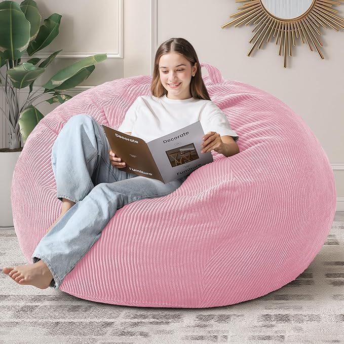 5FT Bean Bag Chair for Adults,Gaint Teardrop Beanbag with Filler | Beanbag Chair with Memory Foam Filled,Bean Bags with Handy Handle&Machine Washable Cover for Living Room,Bedroom-Light Pink by Cansunna