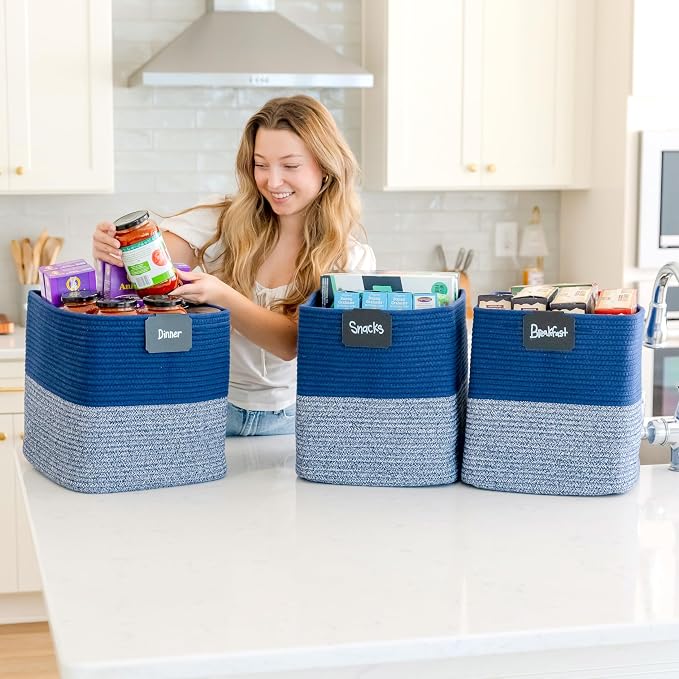 NaturalCozy 13x15x13 Kallax Storage Cubes Bins, 3 Pack | Cotton Rope Cube Storage Bin Woven Baskets for Organizing | Kallax Insert Storage Baskets for Shelves Organizer, Kids Toy, Closet Baby Nursery - Image 4