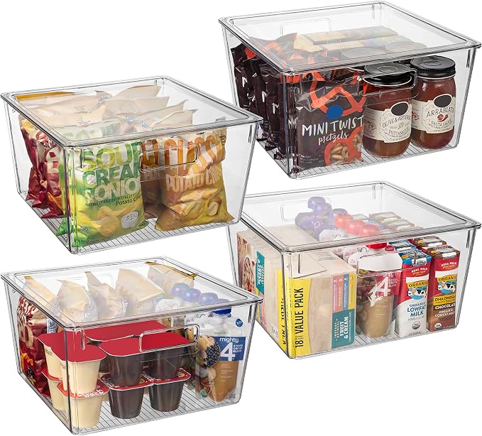 ClearSpace Plastic Storage Bins with Lids, Pantry Organizer, XL, 4 Pack | Plastic storage bins with lids for pantry organization and refrigerator storage by ClearSpace