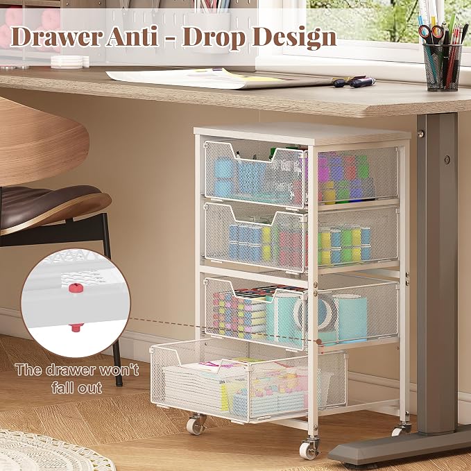 4-Drawer Rolling Storage Cart, Utility Cart with Drawers, White Metal Craft Cart Organizer with Wheels & Wooden Top, Art Supply Storage Organizer for Classroom, Office, Kitchen,Patent Pending - Image 5