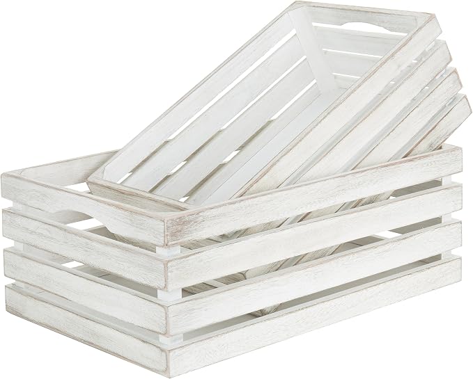 MyGift 16 and 14 Inch Shabby White Washed Solid Wood Nesting Decorative Storage Crates, Vintage Farmhouse Wooden Stackable Open Top Bin Boxes, 2 Piece Set - Image 6
