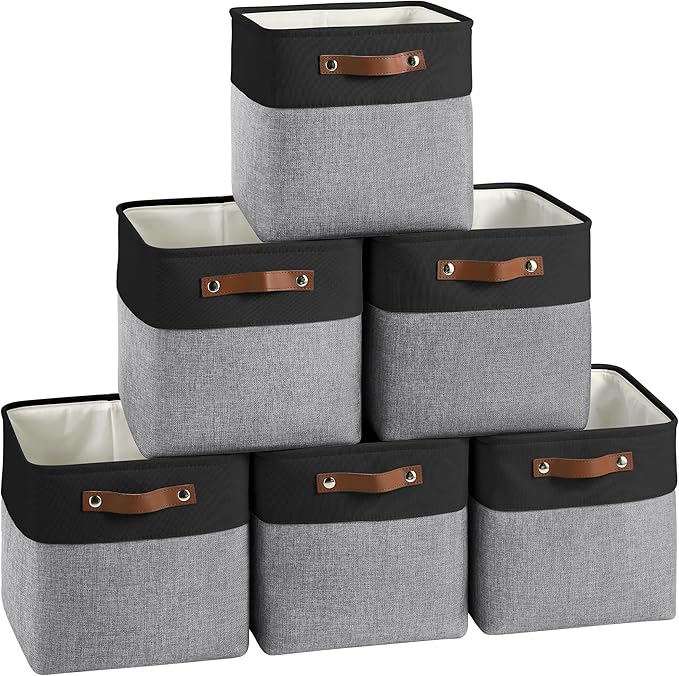 FinishingBo 11 inch Cube Storage Bin 6 Pack, Cube Organizer Bins | Fabric Storage Bins With Handles, 11x11 Storage Cubes, Shelf Basket, Black/ Gray by SimplifySpaceSimplifyLife