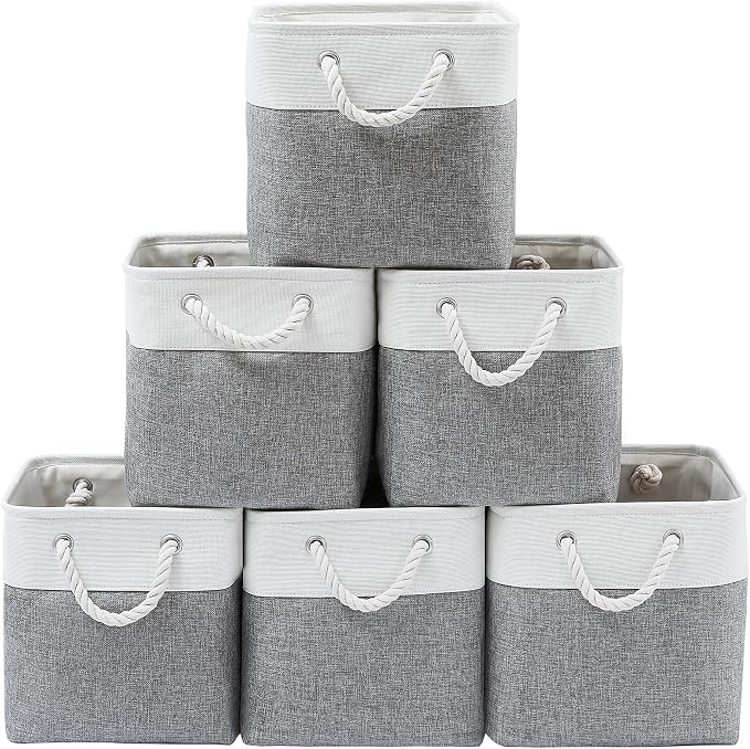 MidmmVick 13 x 13 Inch Cube Storage Bins, 6 Pack Extra Large Collapsible Fabric Storage Bin with Ropes, Foldable Storage Cubes for Home (White & Grey-13"x13"x13") by Midmmvick