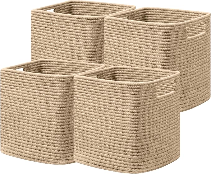 UBBCARE Set of 4 Storage Basket-11 X 10.5 X 10.5 In, Cotton Rope Basket for Shelves, Toys, Book, Cube Storage Bins with Handles, Woven Storage Baskets for Organizing, Brown by UBBCARE