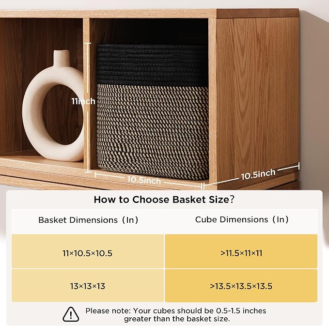 joybest 11inch Cube Storage Bins, Cotton Rope Woven Organizer Basket | Set of 4 Cube Bin Square Shelves Organizer Closet Storage, Nursery, Toy Organization, Black&Dark Brown - Image 2